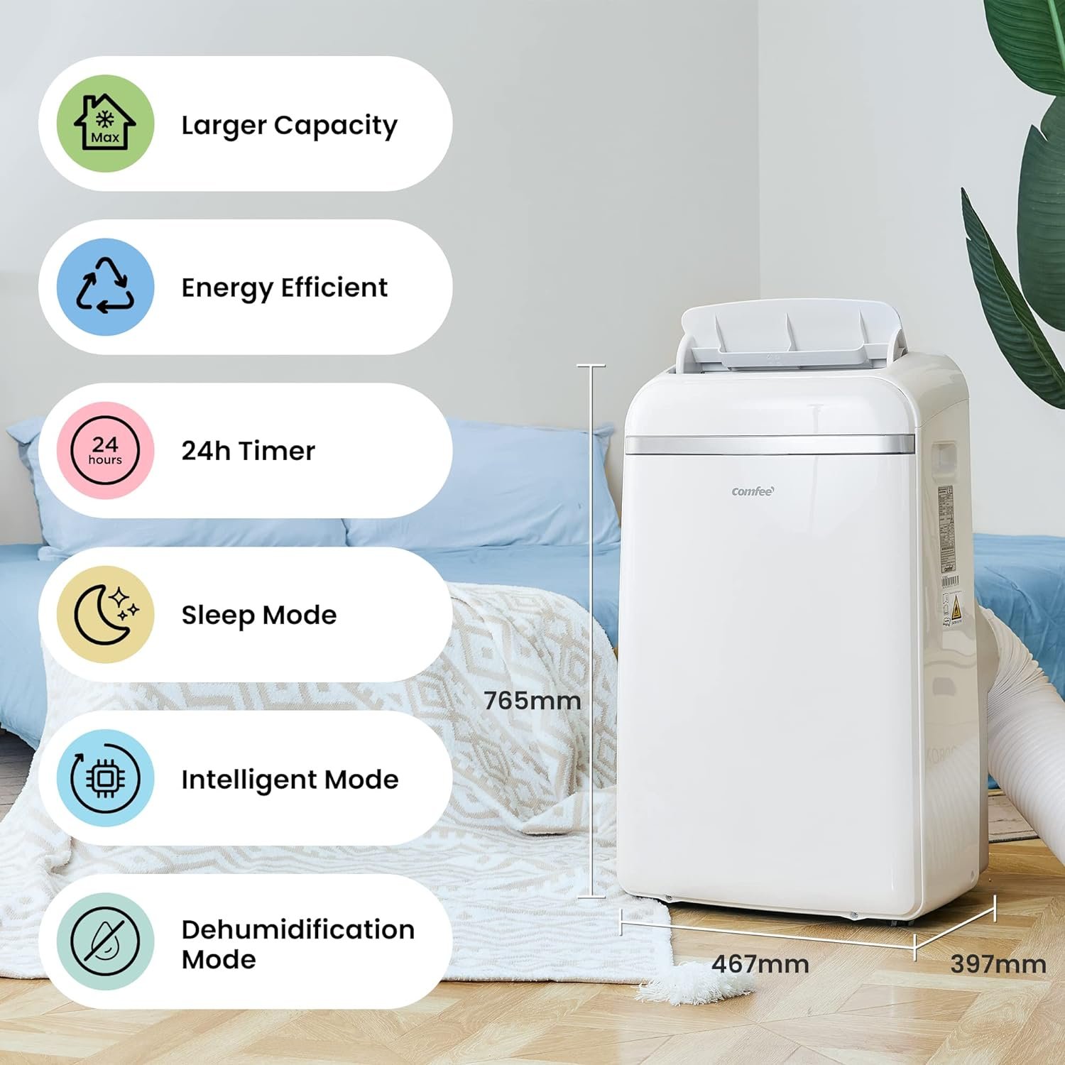 Comfee Climatiseur Mobile 10000 BTU/H 2,9kW, Climatisation de maison 3-EN-1, Economie d'énergie, Mode nuit, Redémarrage auto – Image 3