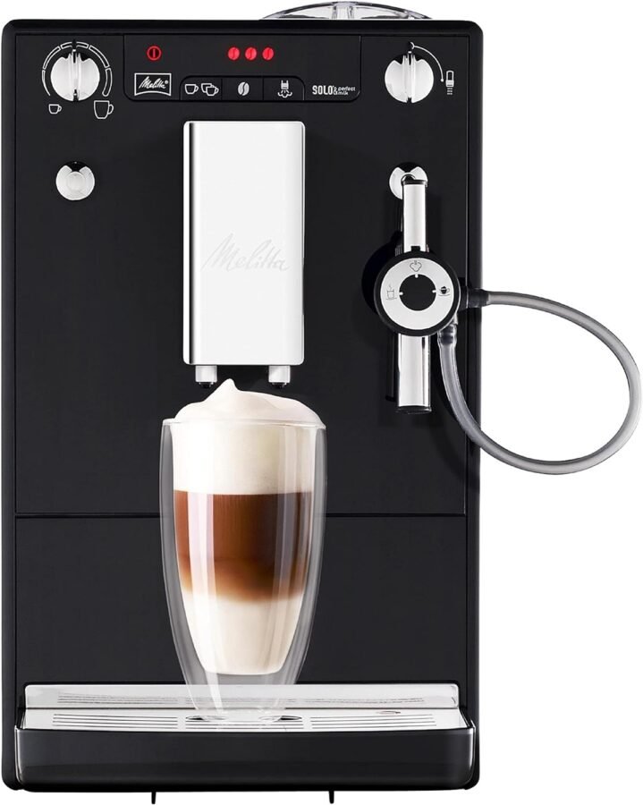 Melitta Solo & Perfect Milk Noire, Machine à Café à Grains avec Broyeur et Système d'Extraction des Arômes, Mode 1 à 2 Tasses, Auto Cappuccinatore.