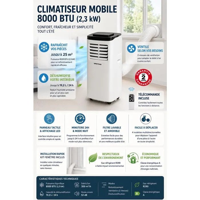 United Climatiseur Mobile 8000 BTU (2,3 kW) 3-en-1 jusqu'à 25 m², déshumidificateur, télécommande – Image 3